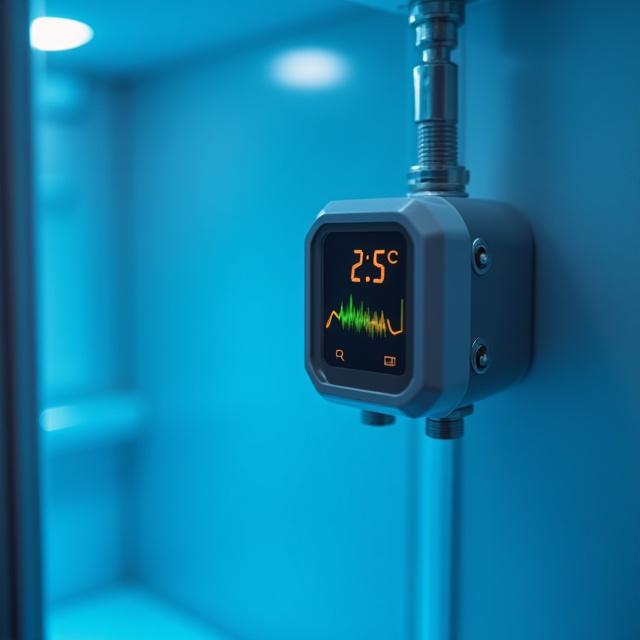 High-tech digital temperature sensor displaying real-time cooling data